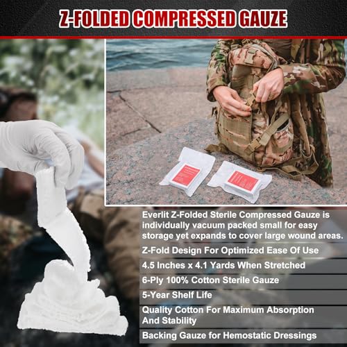 Image of Threlaco 10 Pcs Z-Folded Compressed Sterile Gauze 4.5 inch x 4.1 Yards Combat Gauze Trauma Pad 6-ply 100% Cotton for Emergency Wound Dressing, First Aid Ifak Supplies Trauma Kit