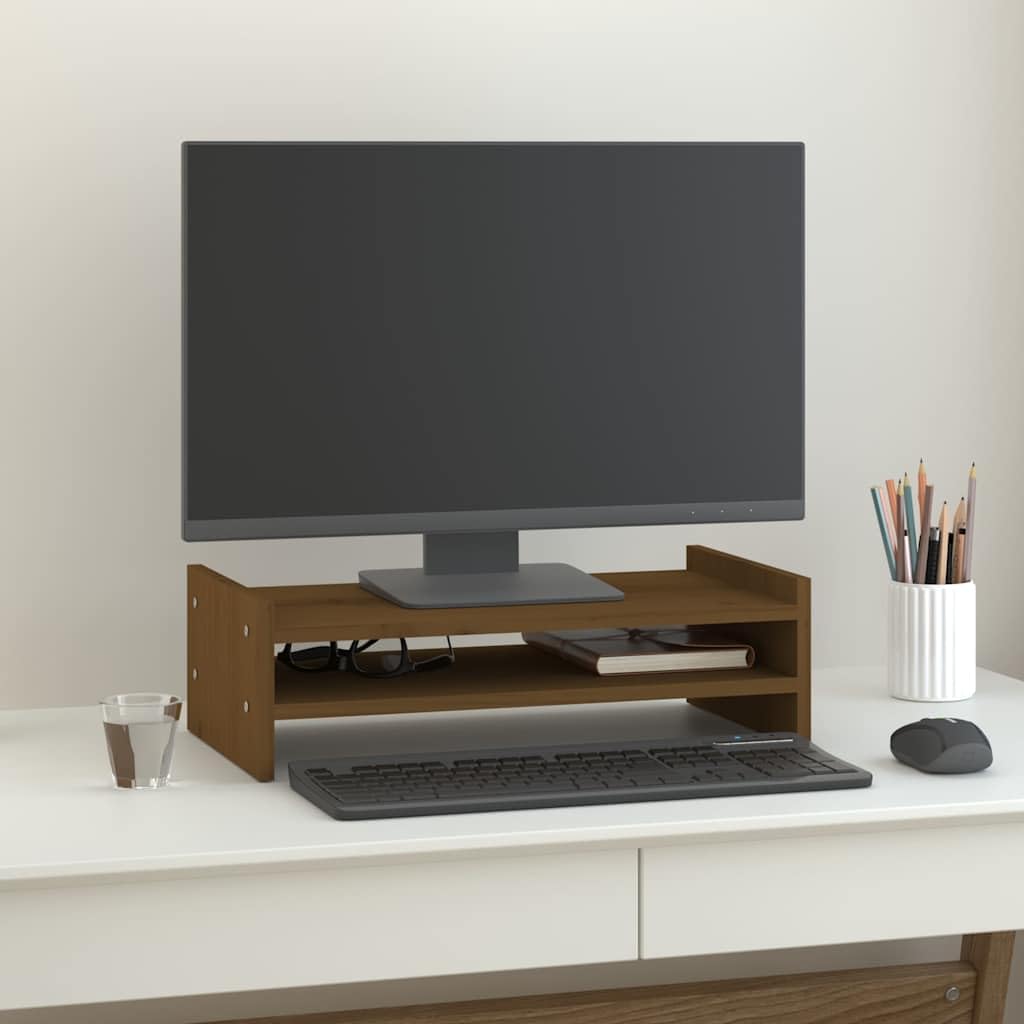 Stojak na monitor miodowo-brązowy z litego drewna sosnowego, 50 x 27 x 15 cm, z półką na klawiaturę i zarządzaniem kablami, do pracy, biura, biura domowego, jako organizer i uchwyt na