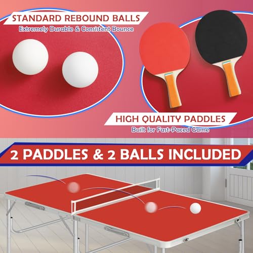 REAHOISY Mid-Size Portable Ping Pong Table, Compact Foldable Table Tennis Table Set w/Net, 2 Paddles & 2 Balls for Indoor Outdoor, Small Spaces and Apartments, Thickened Aluminum Frame (Red)