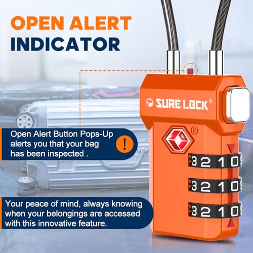 Image of SURE LOCK TSA Approved Luggage Locks with Open Alert Indicator, 3 Digit Combination Cable Travel Lock for Suitcase, Backpack, Gym Locker, Toolbox, Carry On & Travel Bag