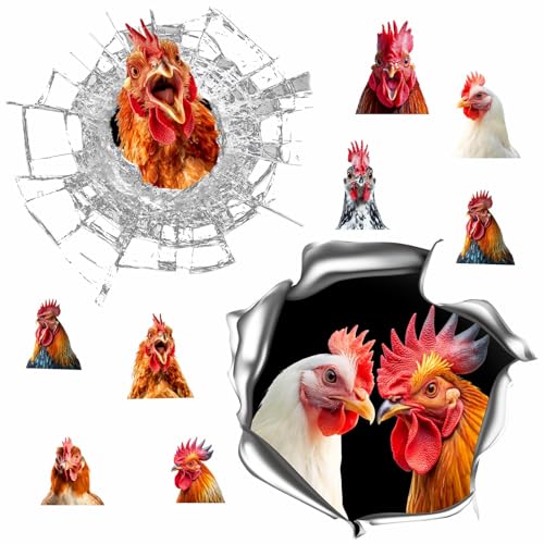 Image of Kazova Funny Chicken Car Stickers 10 Pcs 2 Sheets Rooster Decals Prank Humor Vinyl for Car Window Bumper Truck Laptop Farm Animal Poultry