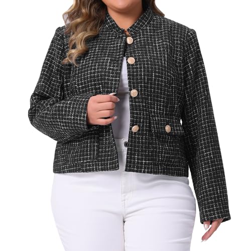 Agnes Orinda Plus Size Tweed Jackets for Women Elegant Stand Collar Button Down Cropped Blazer Jacket Business Casual Outfits