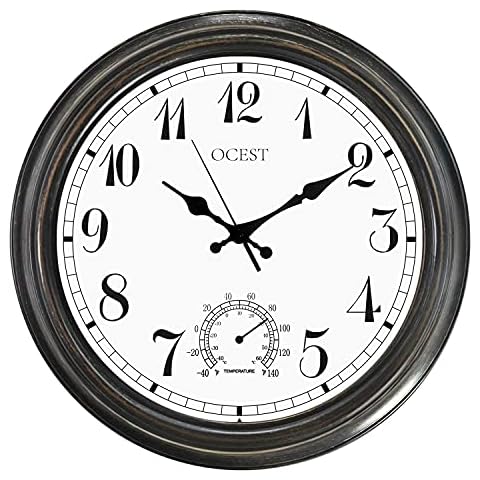 OCEST 16 Inch Large Outdoor Clock, Waterproof Wall Clock with Thermometer, Weather-Resistant Non-Ticking Battery Operated Decor Clock for Patio, Pool, Lanai, Fence, Porch, Garden,Bathroom (16 Inch) Cover