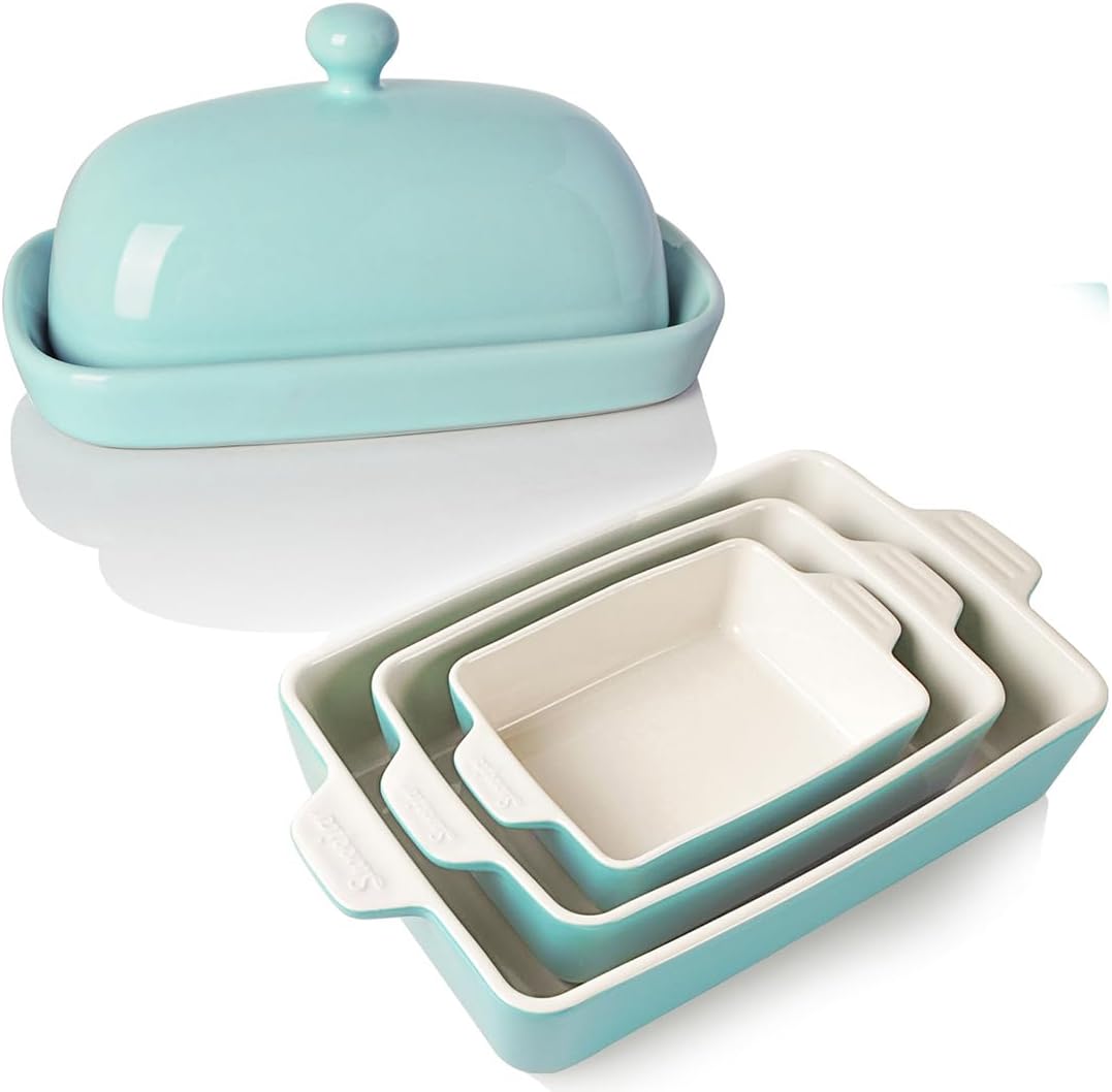 Sweejar Ceramic Butter Dish with Lid for Countertop,Porcelain Butter Keeper with Knob Handle Butter Container for East/West Coast Butter Bakeware Set,Rectangular Baking Dish for Oven