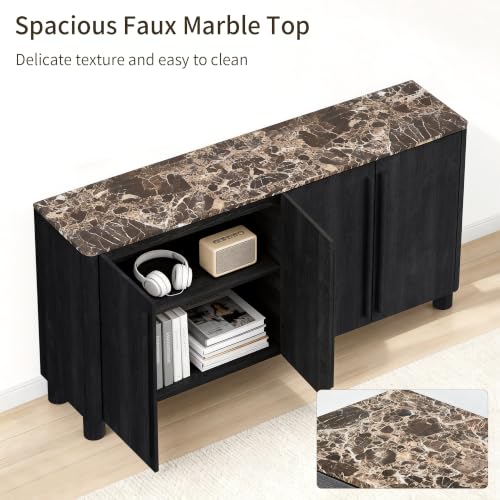 Image of 65 inch Sideboard Buffet Cabinet with Storage, Wood Grain Top Credenza with Adjustable Shelves, Curved Accent Cabinet with Round Legs for Dining Room, Living Room, Entryway, Coffee Bar, Black Grey