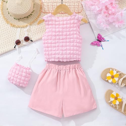 Image of Little Girls 2pcs Sleeveless Lettuce Trim Ruffle Tank Tops and Pleated Elastic Waist Short Sets with Bag