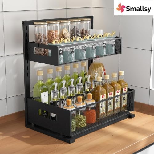 2-Tier Metal Under Sink Organizer, Pull Out Smoothly Under Kitchen Sink Organizer with Track, Large Capacity Heavy Load Under Sink Storage for Kitchen and Bathroom