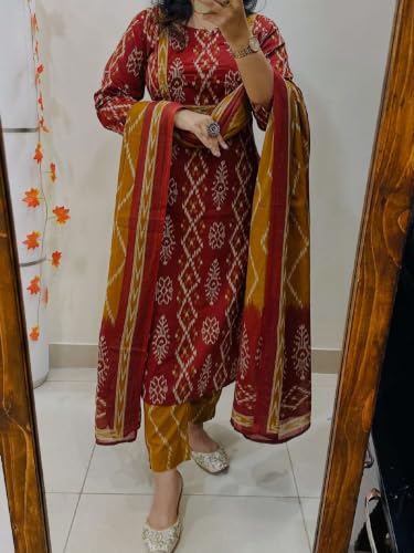 Image of ANNI Designer Women Kurta Set with Dupatta | Cotton Printed Straight Kurta Pant Dupatta Set | 3 Piece Kurti Set for Women | 3 /4 Sleeve Round Neck Cotton Suit for Daily Office Party Wedding