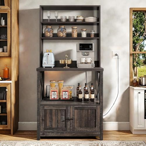 DWVO Baker Rack with Power Outlet and Storage, Farmhouse Microwave Stand with Door for Kitchen, 5-Tiers Tall Coffee Bar Station Cabinet Thickened Counter with Hutch Shelves, Black Oak