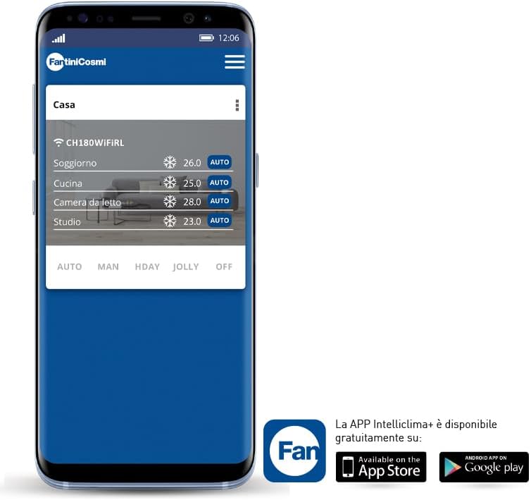Smartphone screen displaying the Fantini Cosmi IntelliClima+ app with multiple zones (Living Room, Kitchen, Bedroom, Study) and their current temperature settings.
