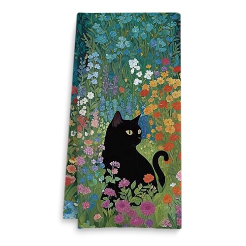 Fuasei Wildflower Black Cat Kitchen Towels, Cat Lover Mom Lady Gifts Hand Towels for Bathroom, Floral Kitten Dish Tea Towel for Kitchen, 16x24 Inch