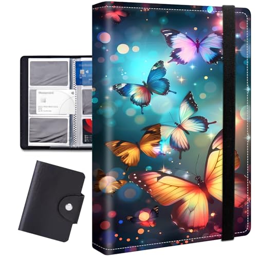 FXIANGWL Business Card Holder Book with Elastic Band, Holds 240 Cards, Large Capacity PU Leather Card Organizer with Black Card Bag, Heavy Duty Business Card Binder for Office, Colour Butterflies