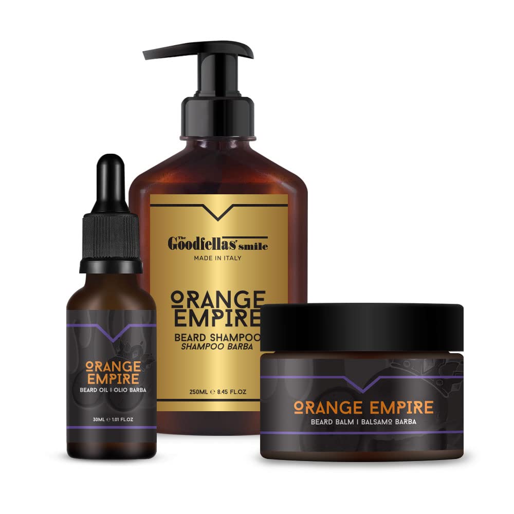 Kit Barba per Uomo The Goodfellas' Smile Orange Empire, 3 in 1 Set Regalo Cura della barba Uomo - con Shampoo Barba, balsamo, Olio - 100% Made in Italy