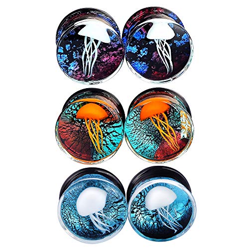 Yungger One Pair / 3 Pairs Glass Plugs Double Flare Saddle Jellyfish Ear Plugs Kit Gauge 0G-5/8 inch