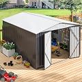 WKM Outdoor Storage Shed, Utility Metal Tool Storage with Lockable Doors and Updated Frame Structure, Metal Garden Shed for Backyard, Patio Lawn, Black, White (White, 10x12 FT)