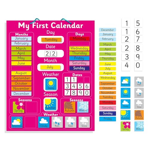 Calendario magnético para aprender inglés My First Magnetic Calendar, rosaTablero rígido de 40 x 32 cm con asa para colgar.