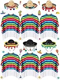 12 Pcs Kids Mexican Poncho and Sombrero Set, Cinco De Mayo Mexican Fiesta Serape Poncho with Straw Sombrero Headbands Costume for Festive Party Celebrations Favor