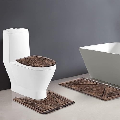 Miniatura 2 de Juego de 3 tapetes de baño rústicos para puerta de granero, estilo vintage, tablero de madera, estilo retro, estilo occidental, tapete de baño,