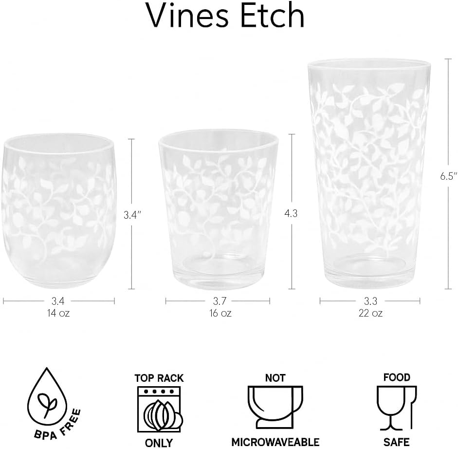 Vines Acrylic Etch Stemless Wine Glass - Clear - 14.6 oz - Set of 6