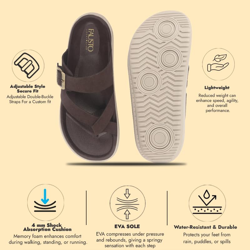 Image of FAUSTO Men Toe Ring Criss Cross Buckle Strap Side Stitched Waterproof Summer Slip On Sandals|Comfort Sole|Lightweight Slippers for Rainy Monsoon Season