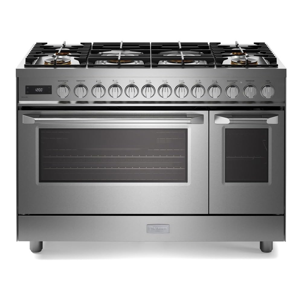Verona 48 inch Ultima Collection Dual Fuel Range with 6 Brass Sealed Burners, 5.8 cu. ft. Oven Capacity, Digital Clock in Stainless Steel