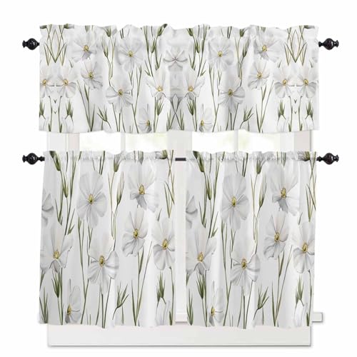 White Floral Kitchen Curtains Set 3 Piece for Windows, Rod Pocket Valance and Tier Set 24 Inch Length, Garden Floral Seasonal Botanical Blooms Light Filtering Cafe Curtains for Living Room Bathroom