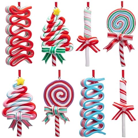 codree 8 PCS Christmas Lollipop Ornaments- Christmas Candies Polymer Clay Ornament- Xmas Decor Candy Cane Hanging Decorations for Xmas Tree Party Supplies Cover