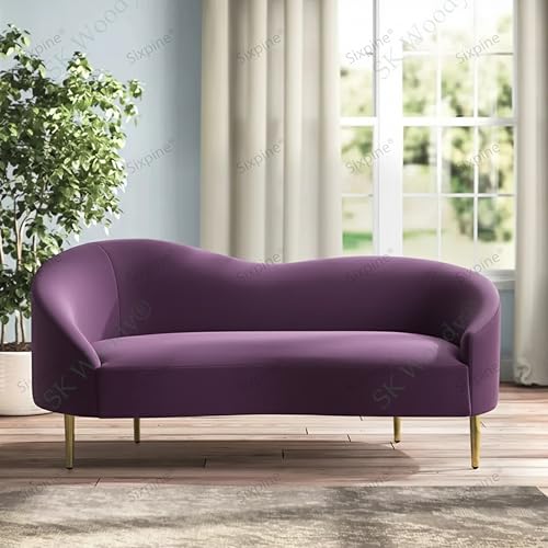 Image of Rosewood Luxury Curved Sofa in Premium Velvet-Fabric | Solid Wood Structure | High Density Foam | Sturdy Golden Legs | Comfortable & Stylish Couch for Modern Living Room (Purple, 2 Seater)