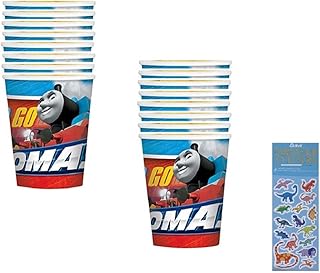 amscan Thomas the Train All Aboard Birthday Party Supplies Bundle includes 16 Party Paper Cups and 1 Dinosaur Sticker Sheet
