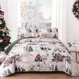 Dobuyly King Size Christmas Quilt Set, White Xmas Tree Reindeer Pattern Bedspread Christmas Bedding Set, Soft Lightweight Microfiber Winter Coverlet Set (110'x90', 3 Pieces)