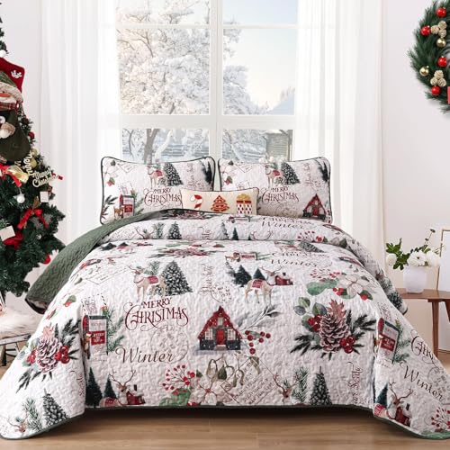 Dobuyly King Size Christmas Quilt Set, White Xmas Tree Reindeer Pattern Bedspread Christmas Bedding Set, Soft Lightweight Microfiber Winter Coverlet Set (110"x90", 3 Pieces)