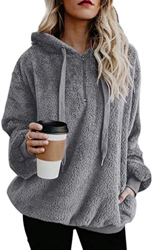 Womens Fuzzy Hoodies Athletic Cozy Fluffy Hoodie Pullover for Women Comfy Fleece Hooded Sweatshirt Light Grey M