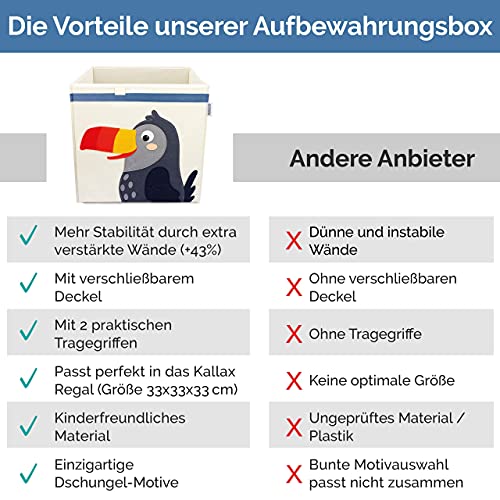 GLÜCKSWOLKE Kinder Aufbewahrungsbox - 15 Motive I Spielzeugkiste mit Deckel für Kinderzimmer I Spielzeug Box Tukan (33x33x33) zur Aufbewahrung im Kallax Regal I Dschungel Kiste (Toni Tukan)