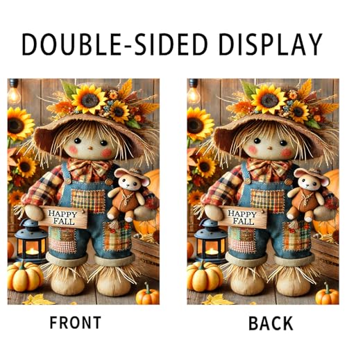 Image of Nuxovilar 12x18 inch Scarecrow Bear Fall Garden Flag | Double-sided scarecrow and bear holiday flag for home outdoor porch decor.