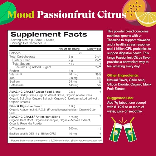 Amazing Grass Greens Blend Mood: Super Greens Powder Smoothie Mix for Mood, Relaxation & Stress Support with Organic Spirulina, Chlorella, Beet Root Powder, Digestive Enzymes & Probiotics, 30 Servings - Image 4