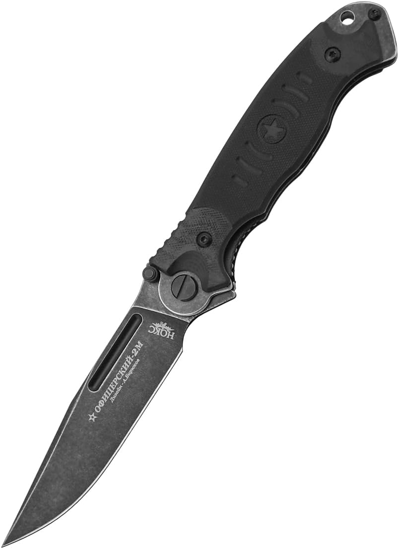 HOKC Officer's-2M | 320-589404 | Pocket Knife, EDC Knife by Official Dealer - Designed by Russian Master Aleksander Biryukov - Liner Lock, G10 Handle, Finger Flipper, Thumb Stud, Ball Bearing Pivot, Comfortable Pocket Clip, Long and Durable AUS8 Stainless Steel Blade, Black Stone Wash Finished - Ideal for Camping & Hunting