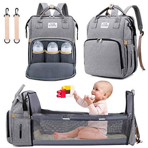 3 in 1 Diaper Bag Backpack with Changing Station, NIUTA 2021 Travel Bassinet Foldable Baby Bed with Insulated Pocket, Baby Bag Portable Crib, Large Capacity, Waterproof (Gray)