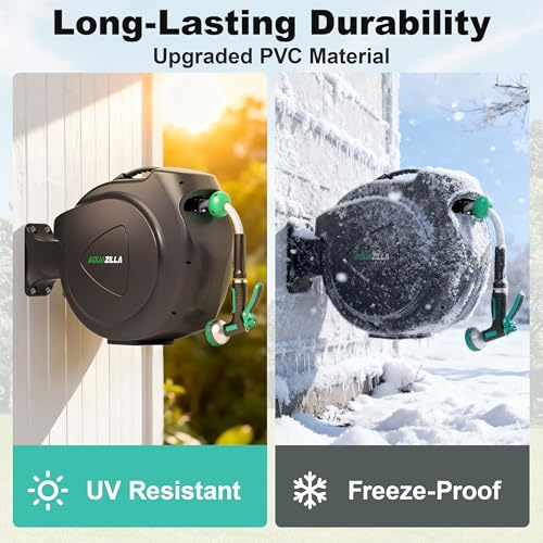 Image of Retractable Garden Hose Reel, 65FT +6FT 5 /8 inch Durable Wall Mounted Water Hose Reel with 180 Swivel Bracket, 9 Pattern Sprayer, 6Ft leader hose,Smooth Automatic Rewind, Any Length Lock.