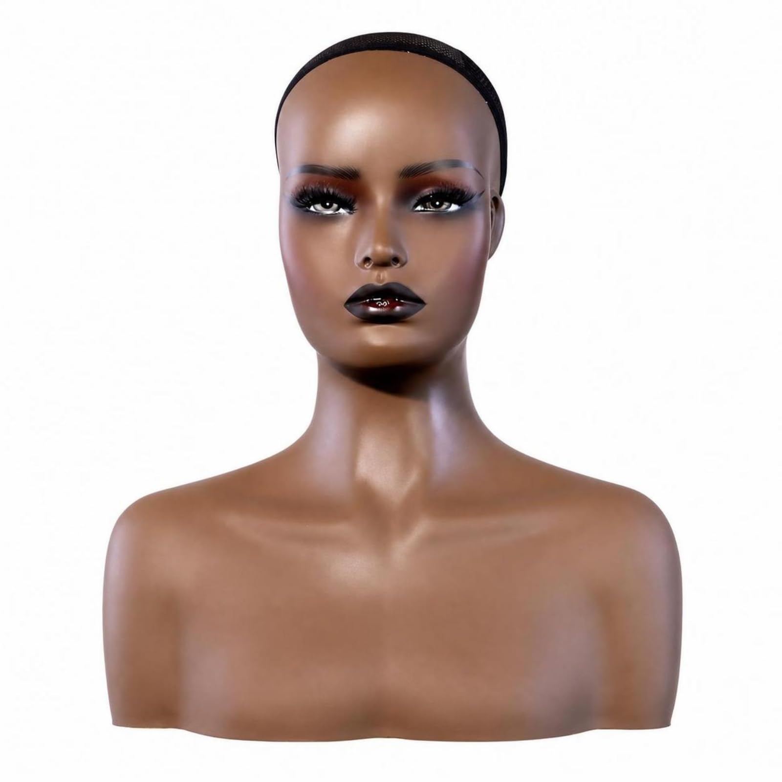 Formstabil Mannequin-Kopf mit Schultern , Warmer Mittelbrauner Teint Mit Glitzerndem Schwarzem Augen-Make-up, Voluminösen Wimpern Und Roséfarbenen Glänzenden Lippen