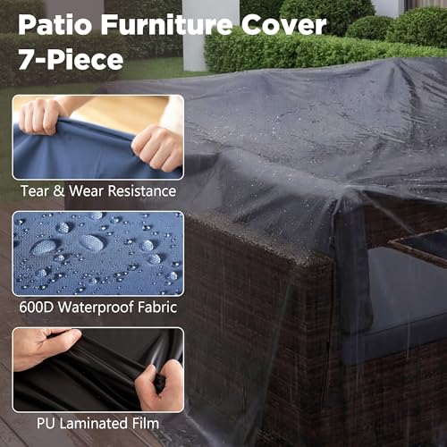 Image of LHBcraft Patio Furniture Set,7 Pieces Outdoor Wicker Rattan Patio Furniture with Rain Cover, Wicker Rattan Outdoor Sectional Patio Sofa Set with Coffee Table for Garden, Taupe-Blue