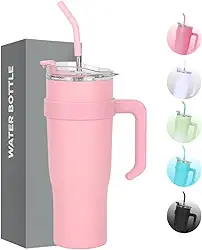 Copo Caneca Térmica de Inox à Vácuo Com Alça e Canudo 1200ml (Copo Virgínia) (Rosa)