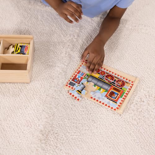 melissa amp doug 4in1 wooden vehicle jigsaw puzzle set 48 pieces with storage box toddler puzzle toy for kids ages 3- fsc certified