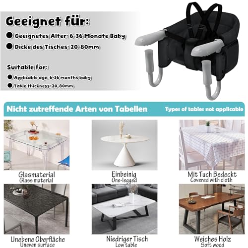 Miniatura 7 de Lars360 Asiento De Mesa Para Bebé, Silla Alzada Plegable Para Hogar Y Viajar, Adecuado Para Niños De 6 A 36 Meses Con Un Peso Menos De 15 Kg - Negro
