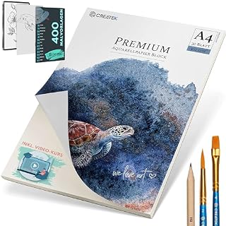 CreaTek Papier akwarelowy A4 300 g [ tylko u nas z 2 godzinnym kursem wideo] 30 arkuszy bloku akwarelowego A4 300 g + 2 pędzle + ołówek + 400 szablonów do malowania - papier akwarelowy A4, akwarela,