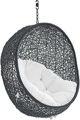Modway EEI-3635-BLK-WHI Encase Wicker Rattan Outdoor Patio Swing Chair with Hanging Steel Chain in Black White