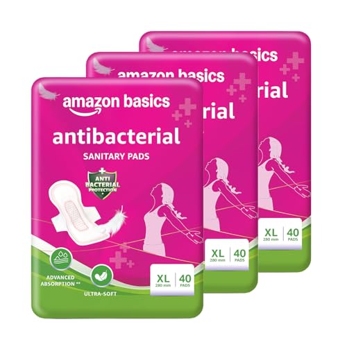 Amazon Basics Anti-Bacterial Sanitary Pads for Women XL | 280 mm Extra Coverage | Ultra-Absorbent Core | Soft & Comfortable Surface | Wings for Secure Fit | Medium to Heavy Flow Protection| 120 Count (40 X Pack of 3)
