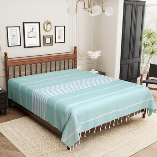 Image of Handmade Double Bedsheet 210 TC | Without Pillow Cover | Handloom Cotton Bedsheets | Double Bedsheet for Summer (Size 90X100 Inches, 7.5 x 8.3 Feet (Sea Green Light, Double Bed)