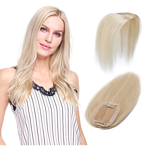 100% Remy Human Hair Silk Base Top Hairpieces Replacement Clip in Topper For Women Crown Top Piece Short 12''/12inch #60 Platinum Blonde 20g