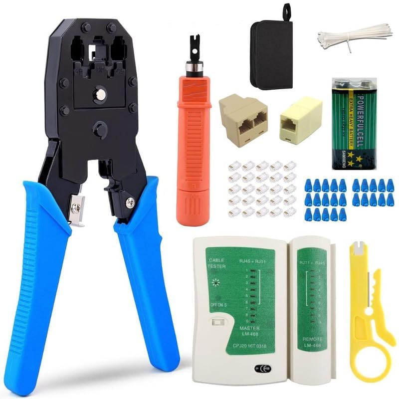 ELECTRO WOLF Crimping Tool, RJ45 Wire Cutter, Tool Kit, Cat5 Cat5e Cat6, 25pc RJ45 Connectors and 25pc Covers, Network Cable Tester, Wire Punch Down Tool, Self Locking Nylon wire, Lan 1x1 and 1x2-image-19