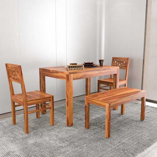 Image of Solid Sheesham Wood 4 Seater Dining Table Set | Four Seater Dinner Table with 2 Chairs & 1 Bench | Wooden Dinner Table 4 Seater | Dining Room Sets for Home | Honey Finish